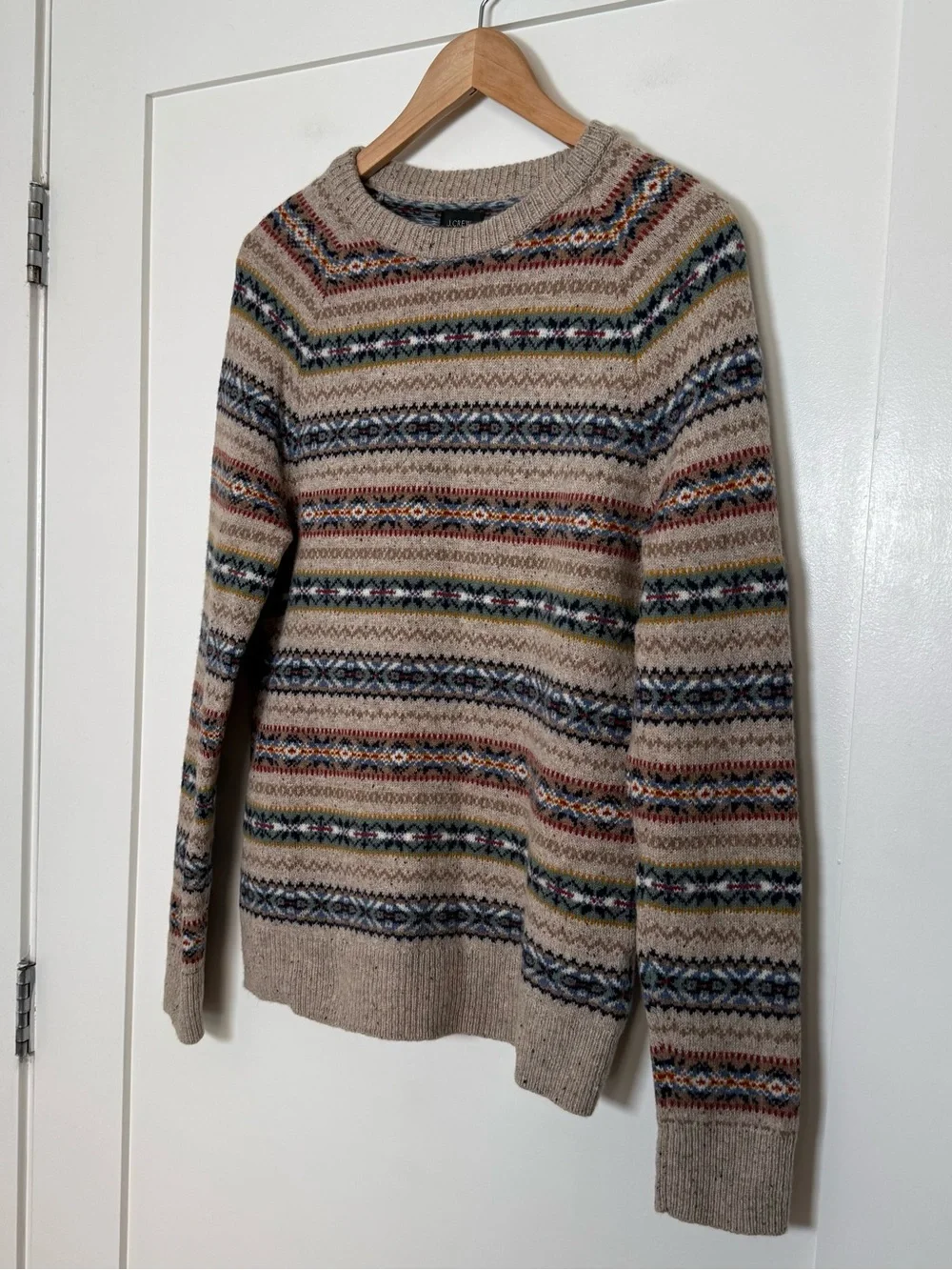 J Crew Sweater Men Sz S Beige Fair Isle Lambswool Blend Crewneck Nordic Pullover